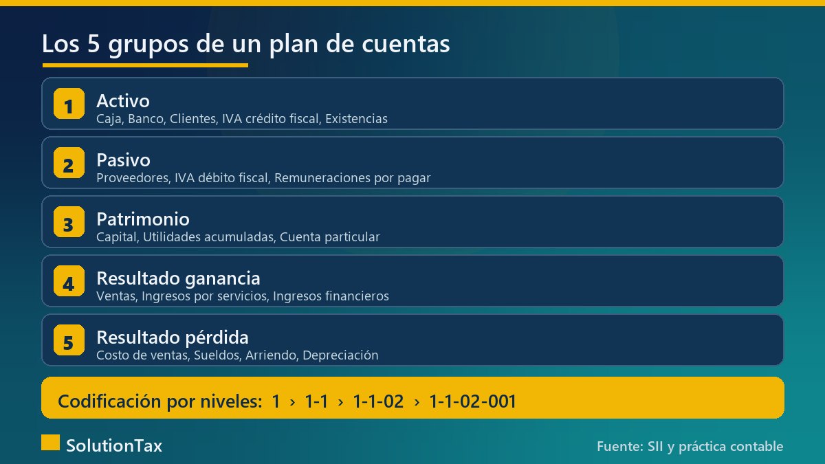 Los cinco grupos de un plan de cuentas: activo, pasivo, patrimonio, resultado ganancia y resultado pérdida, con la codificación por niveles 1, 1-1, 1-1-02 y 1-1-02-001